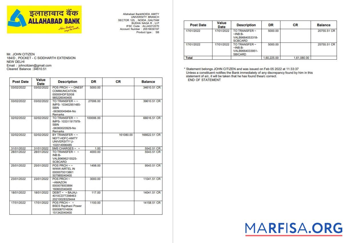 Blank India Allahabad bank statement word 2 pages example